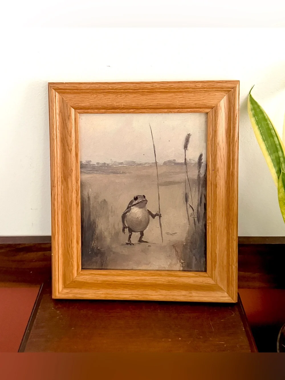 Melancholy Frog with Reed Cottagecore Vintage Style Canvas Art Print Wood Framed